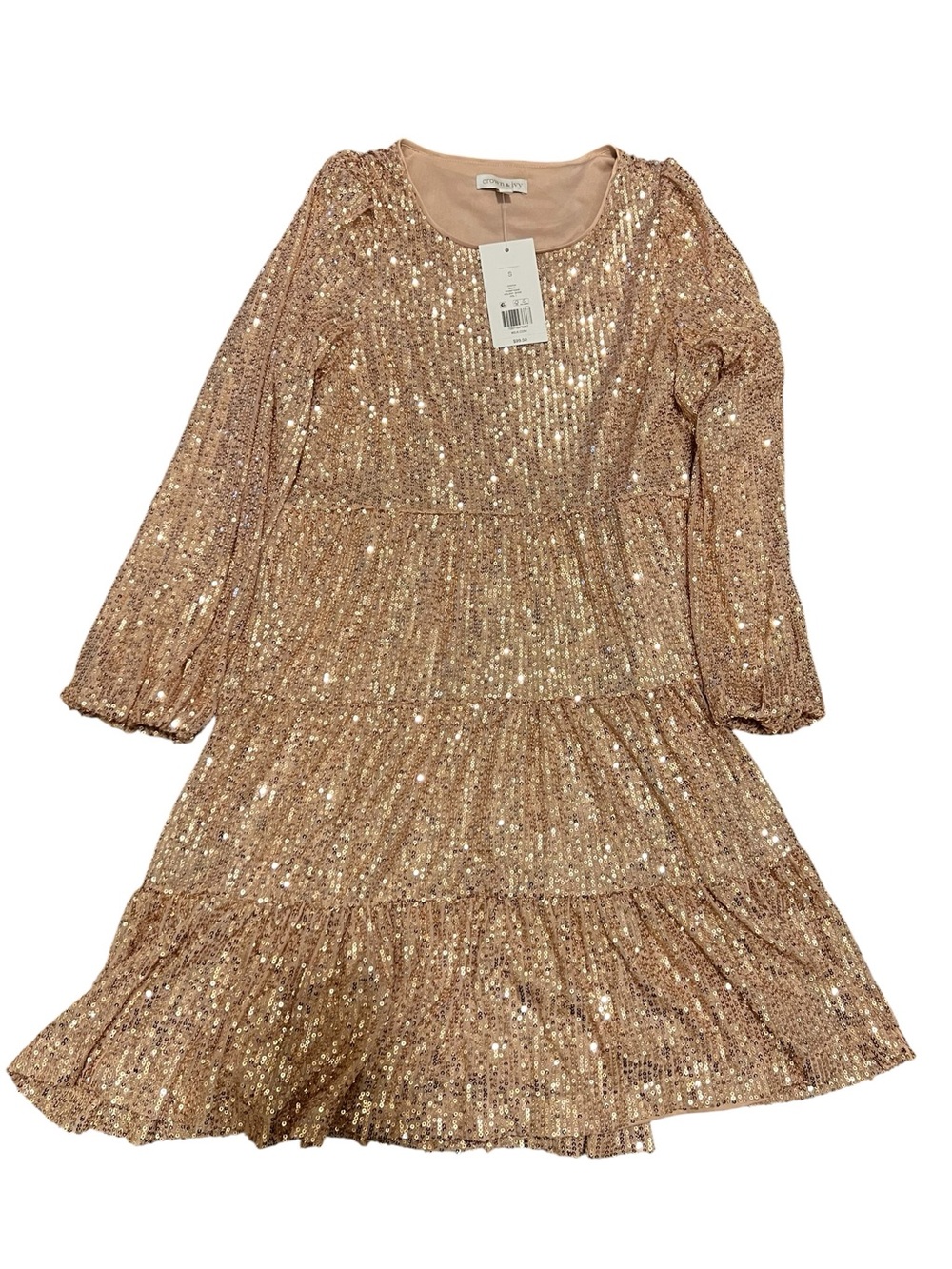 Crown & Ivy Sequin Tiered Dress Rose Gold Small